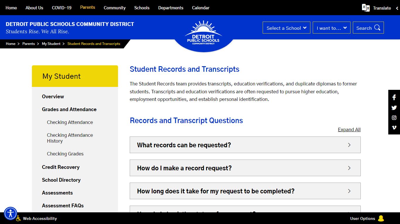 My Student / Student Records and Transcripts - Detroit Public Schools